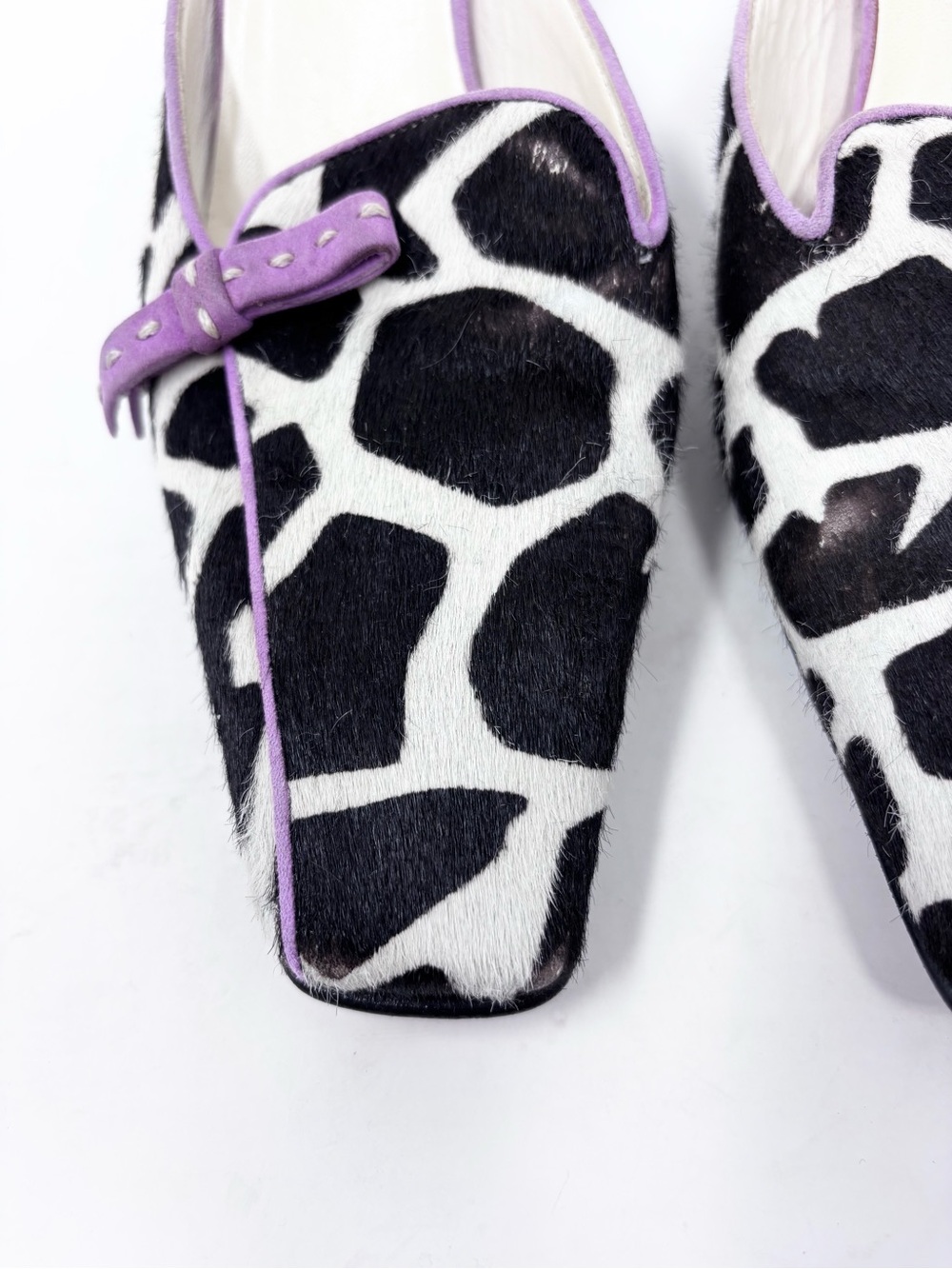 Vintage Prada Giraffe Print Calf Hair Kitten Heel Mule Square Toe Bow Archive 38 - Picture 7 of 11